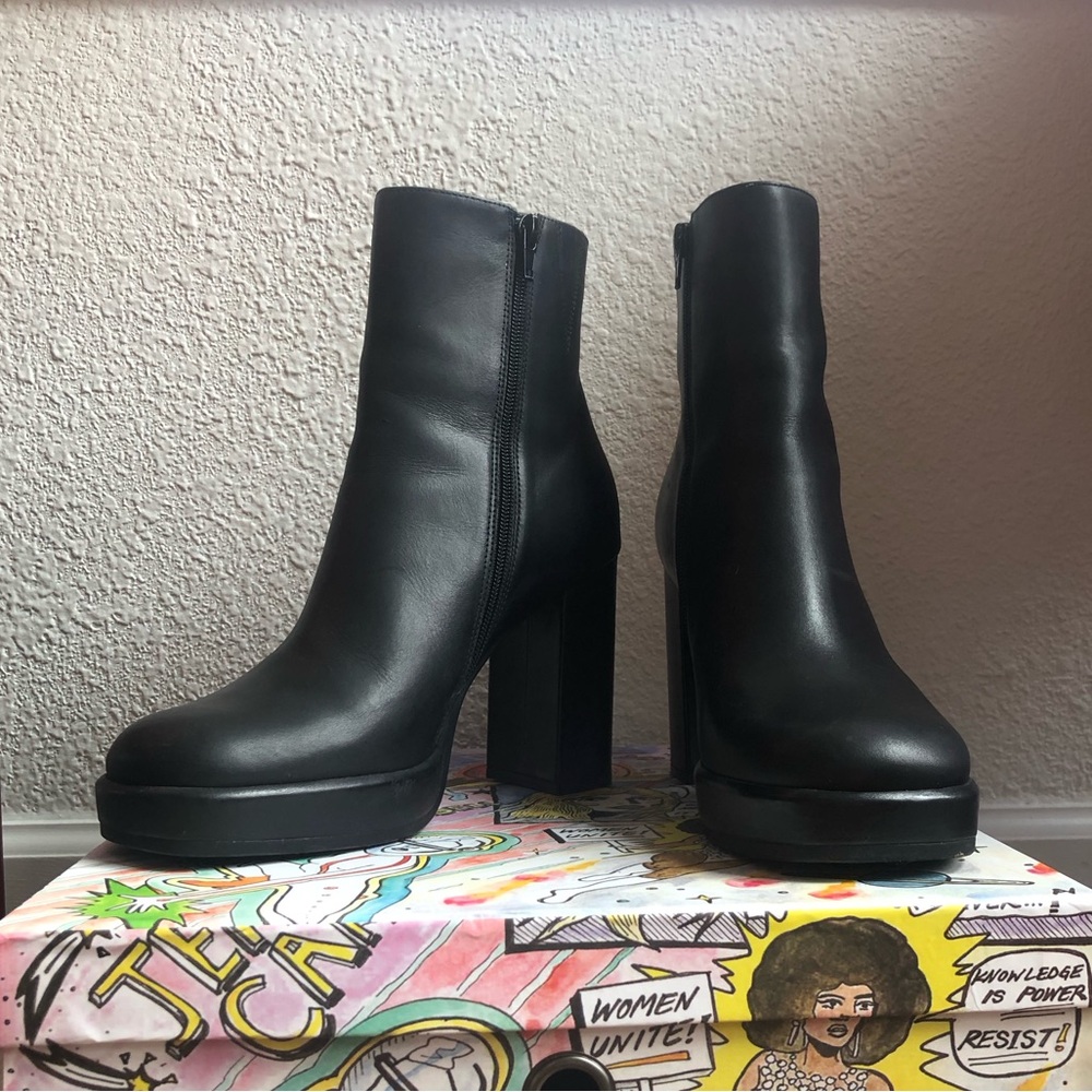 Jeffrey Campbell Spaced Block Black Leather Ankle Booties